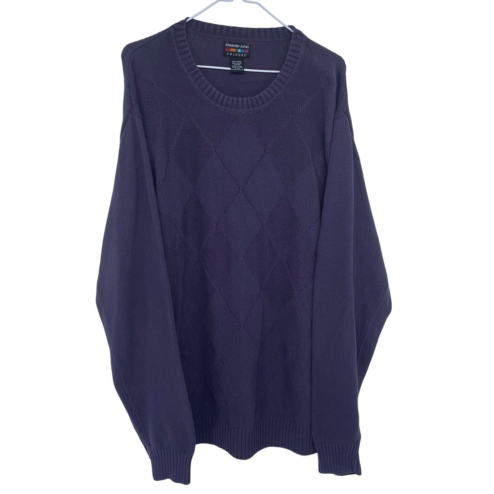 Alexander Julian Colours Mens 2XLT Purple Diamond Knit Cotton Sweater Argyle‎